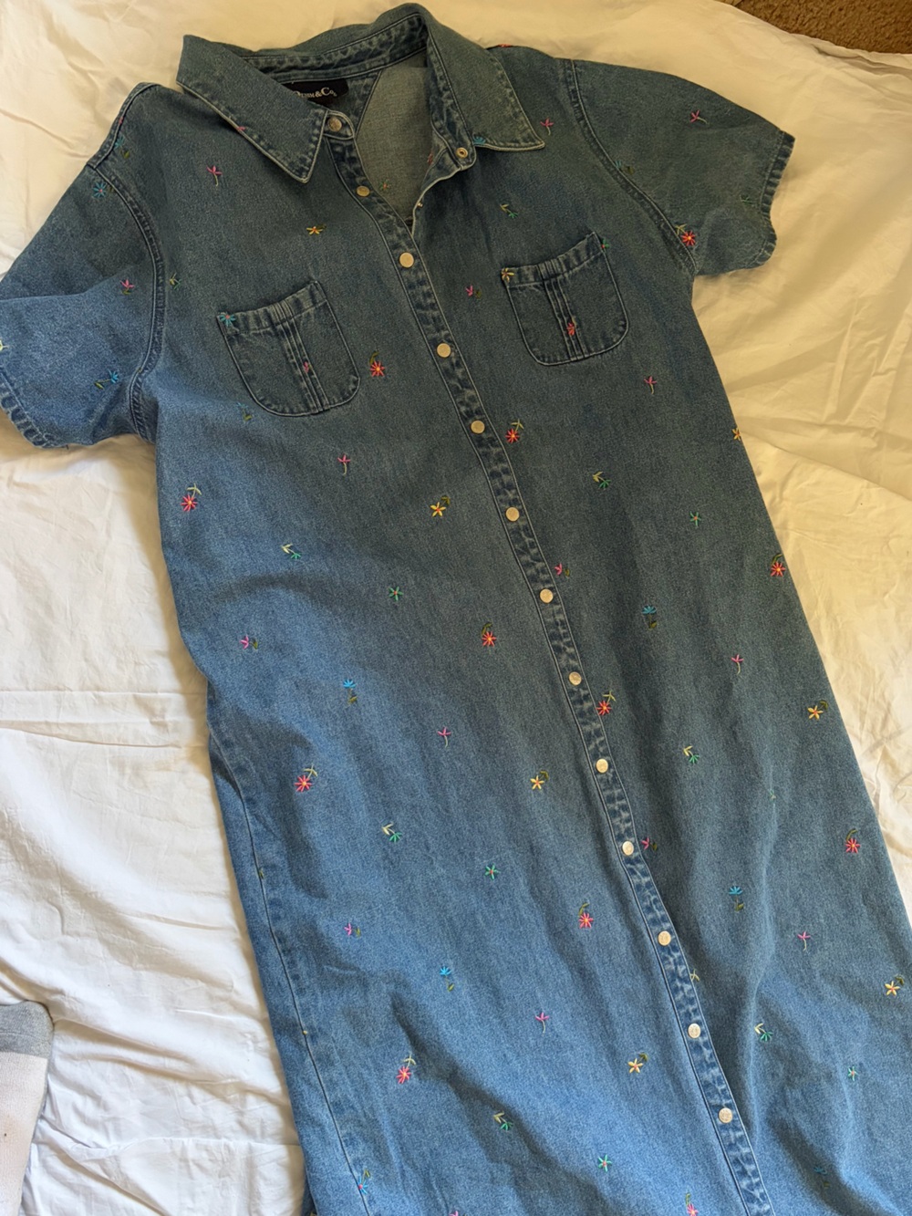 Denim&Co Blue 90’sEmbroidered Denim Overall Dress with Multicolor Floral Accents